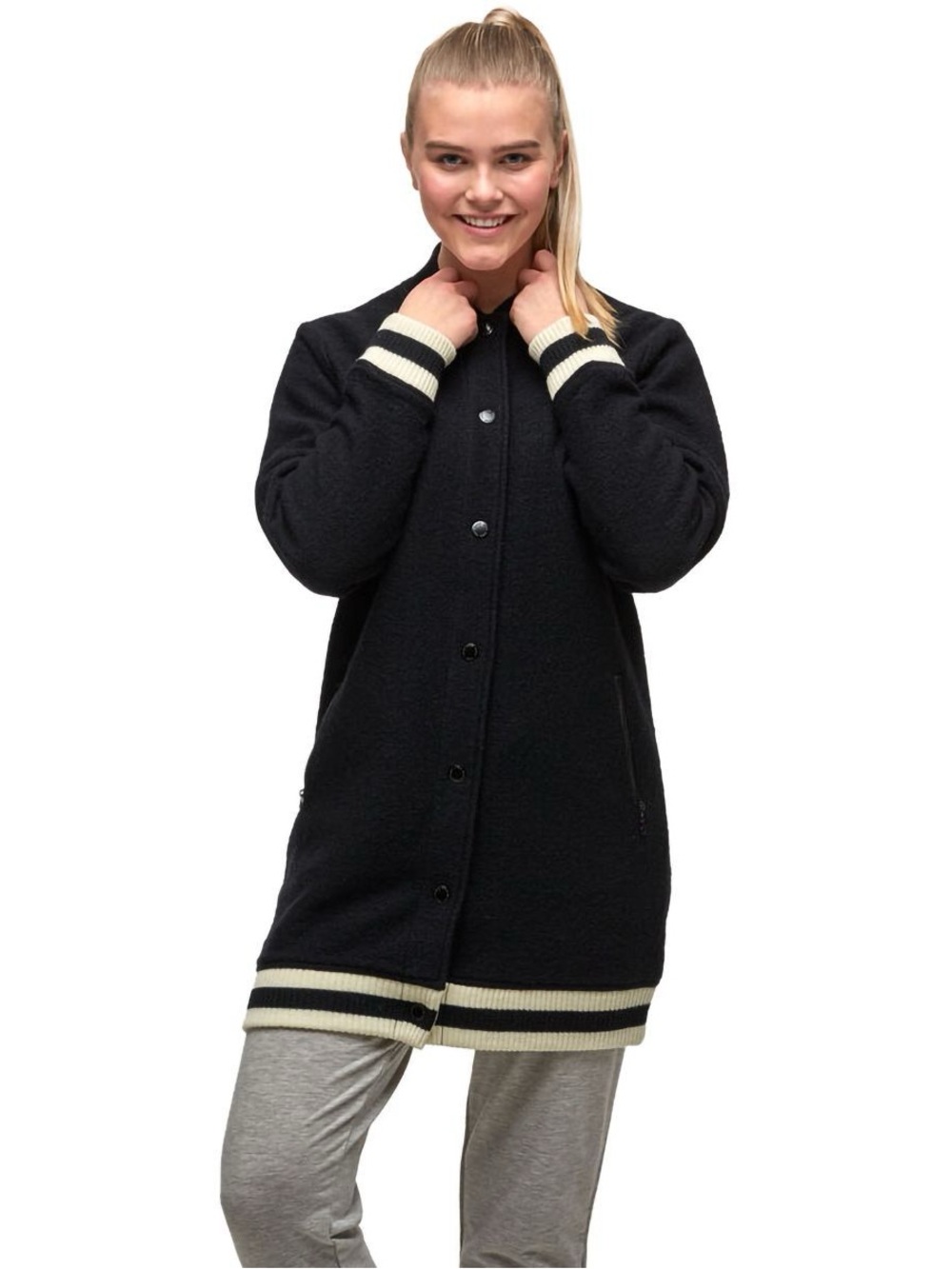 Kari Traa Himle 100% Boiled Wool Long Bomber Varsity Jacket Olive Green Medium
